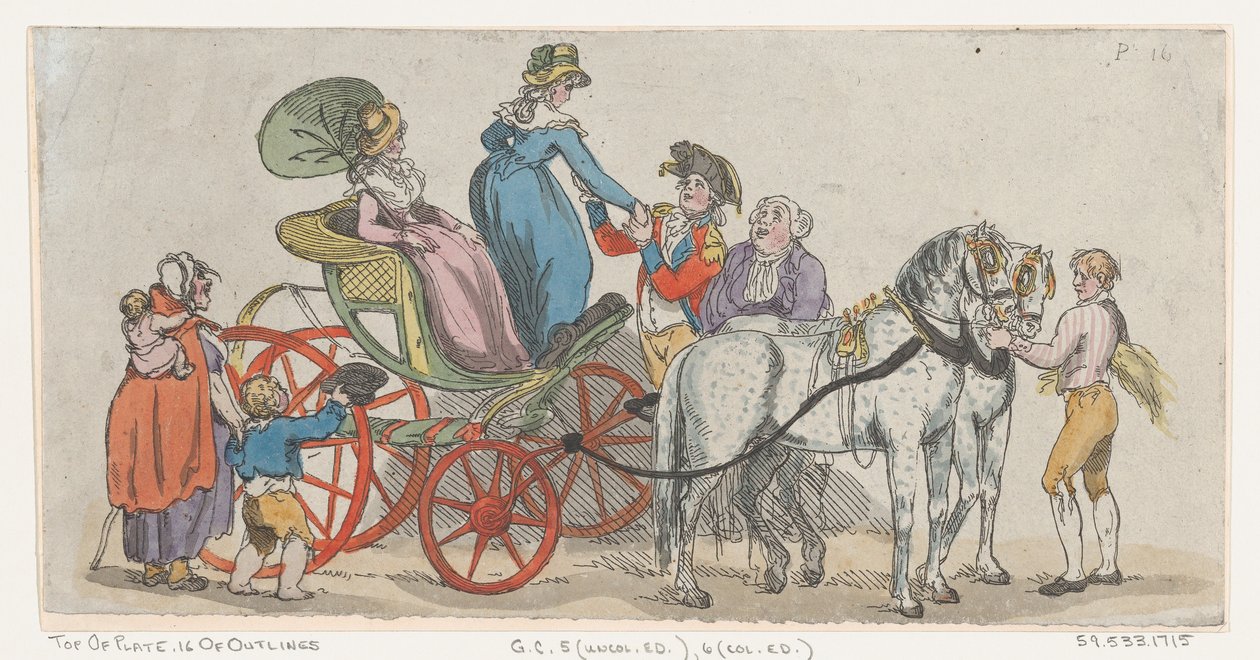 Damer som går ut av en vogn fra plate 16, konturer av figurer, landskap a..., 1. juni 1790. av Thomas Rowlandson