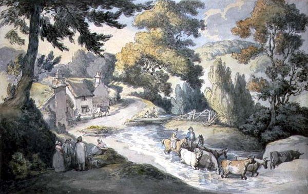 Landskap med storfe som forser en bekk av Thomas Rowlandson