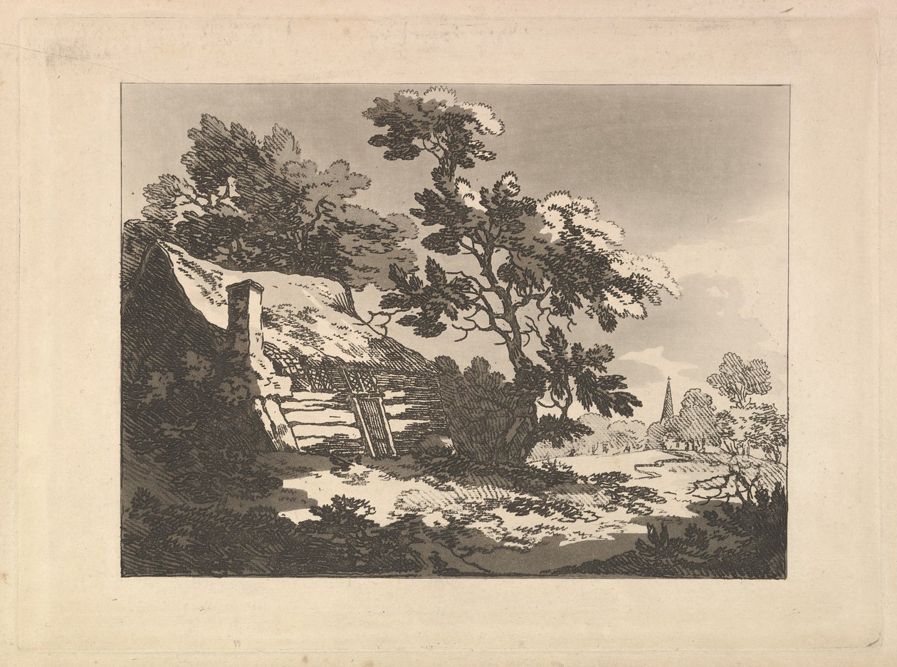 Landskap med en hytte blant trærne til venstre og et kirketårn i det fjerne til høyre av Thomas Rowlandson