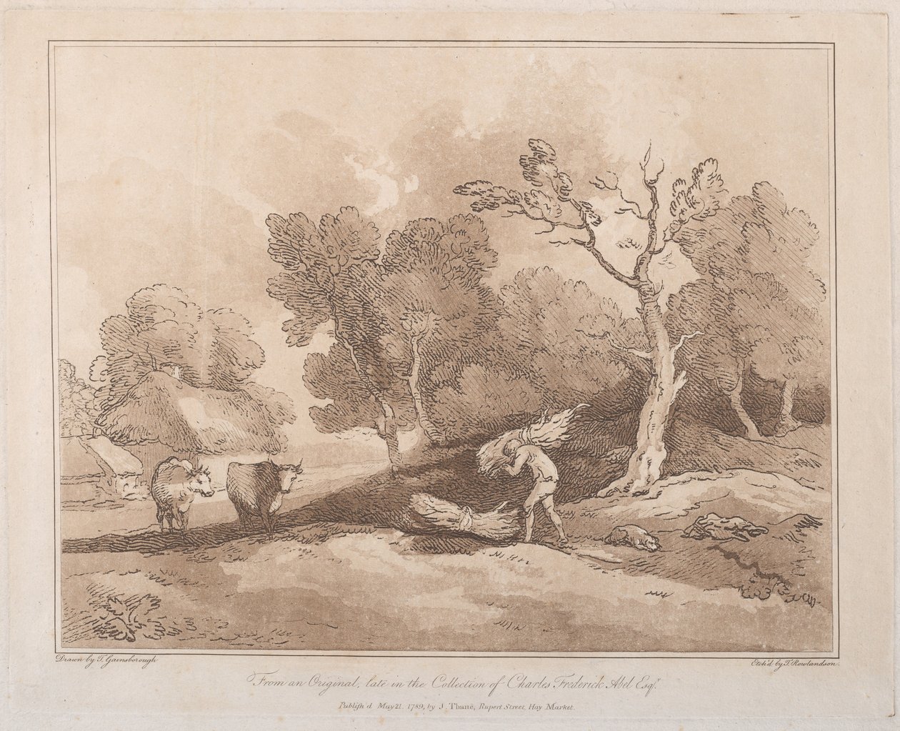 Landskap med en figur som bærer en bunt med grener, en kopi bak, to kyr i..., 21. mai 1789. av Thomas Rowlandson