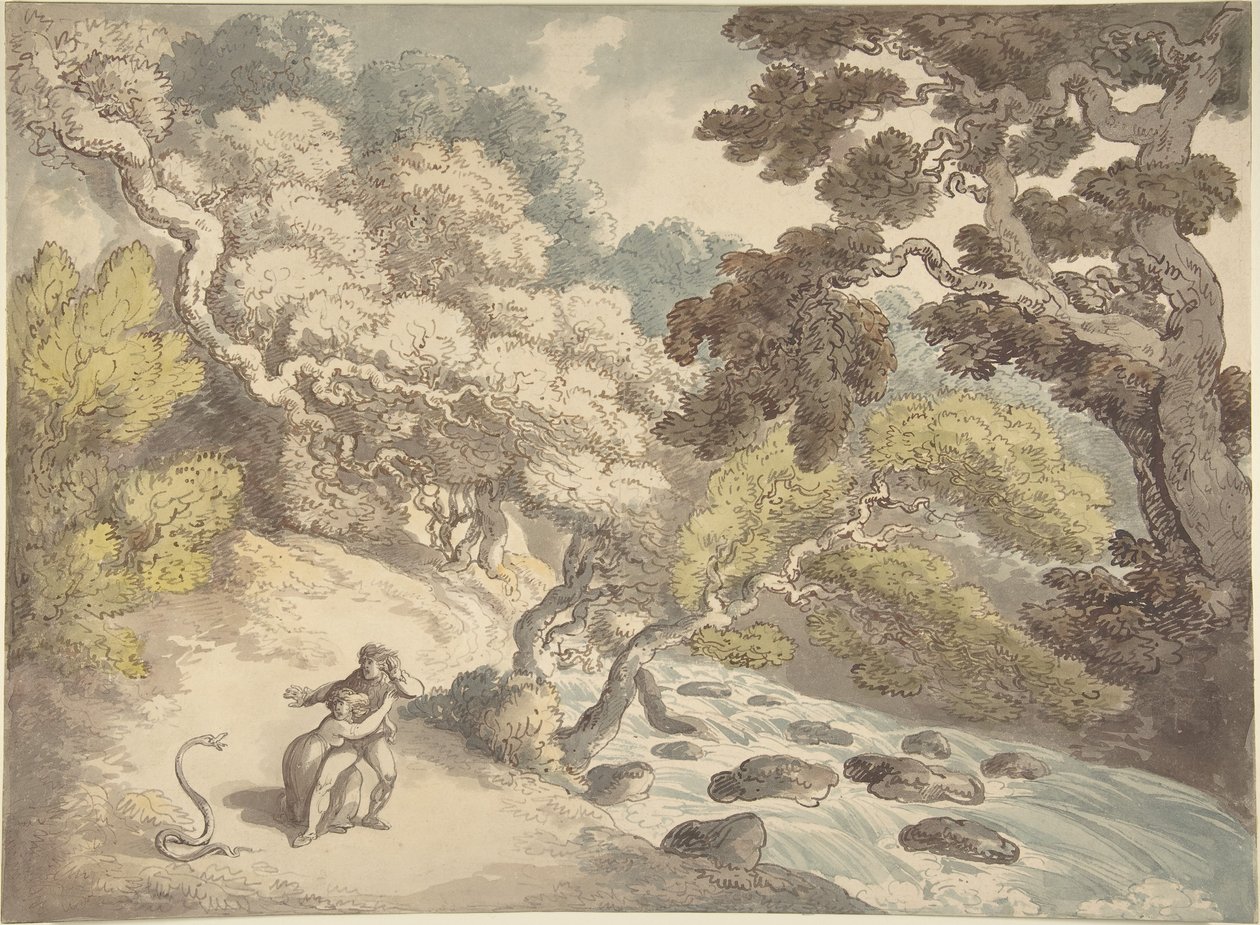 Landskap med en brusende bekk og et par på bredden, skremt av en slange av Thomas Rowlandson