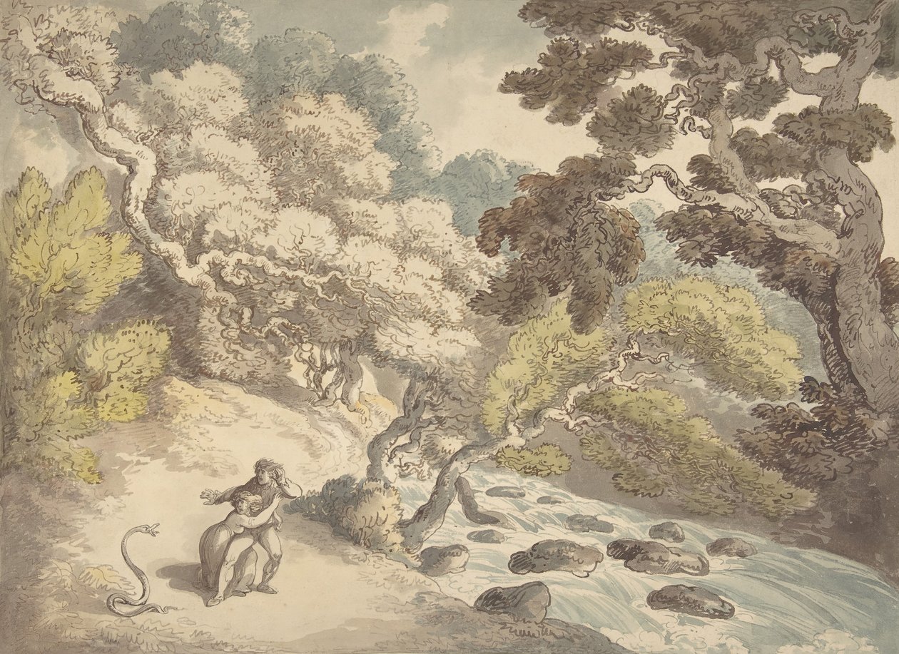 Landskap med brusende bekk og et par på bredden, skremt av en slange, 1775-1827. av Thomas Rowlandson