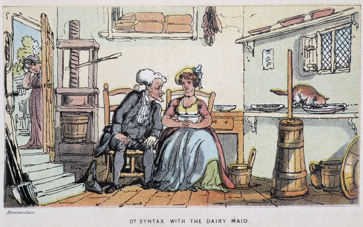 Le docteur avec une servante - i "" Doctor Syntax sine tre turer: på jakt etter den pittoreske trøsten og en kone"" av William Combe, ill. Rowlandson av Thomas Rowlandson