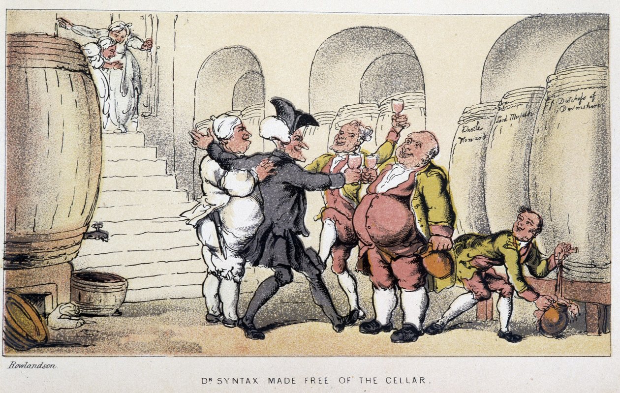 Le docteur dans un cellar ou un cave - i "" Doctor Syntax sine tre turer: på jakt etter den pittoreske trøsten og en kone"" av William Combe, ill. Rowlandson av Thomas Rowlandson