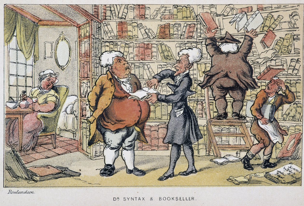 Le docteur et un marchand de livre - i "" Doctor Syntax sine tre turer: på jakt etter den pittoreske trøsten og en kone"" av William Combe, ill. Rowlandson av Thomas Rowlandson