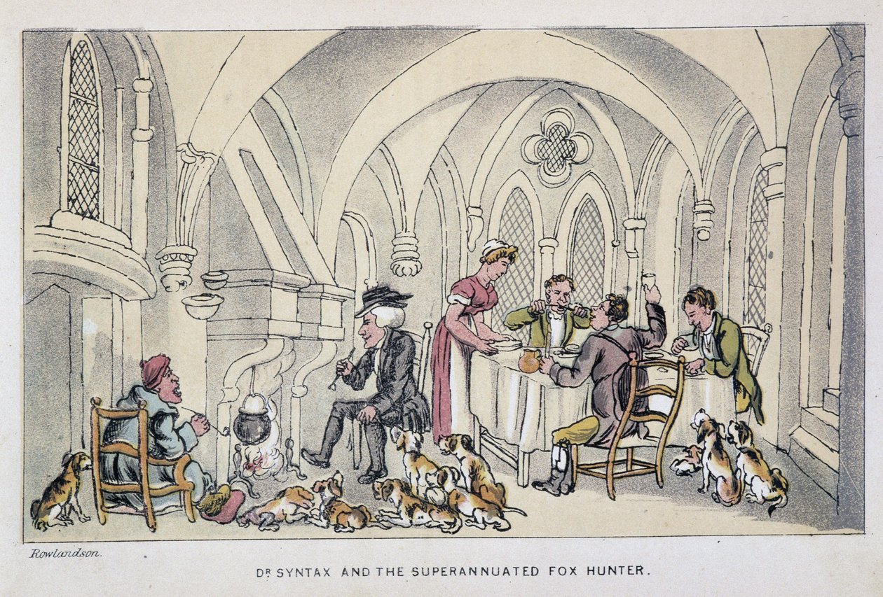 Le docteur à un repas des chasseurs - i "" Doctor Syntax sine tre turer: på jakt etter den pittoreske trøsten og en kone"" av William Combe, ill. Rowlandson av Thomas Rowlandson