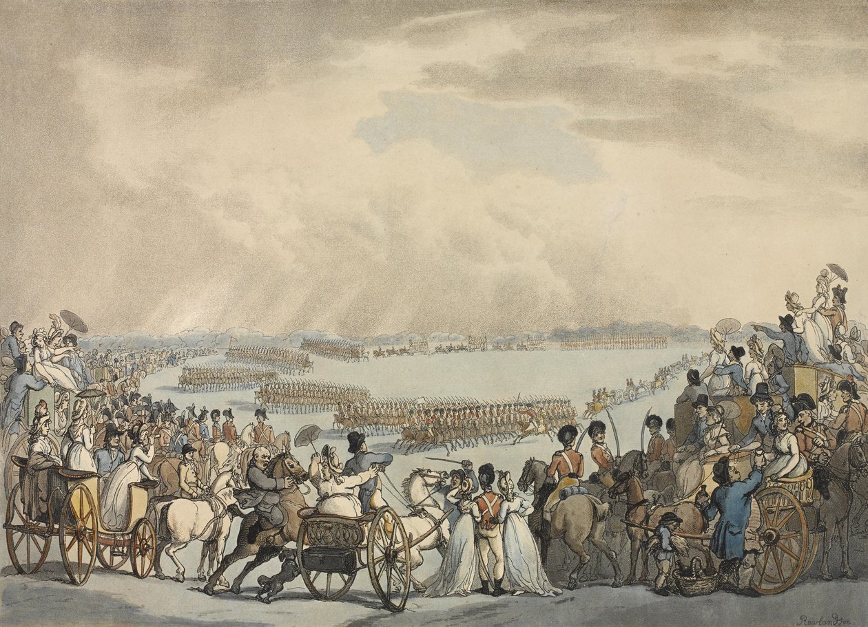 Light Horse Volunteers of London and Westminster, kommandert av oberst Herries, anmeldt av Hans Majestet på Wimbledon Common, 5. juli 1798 (farget akvatint) av Thomas Rowlandson
