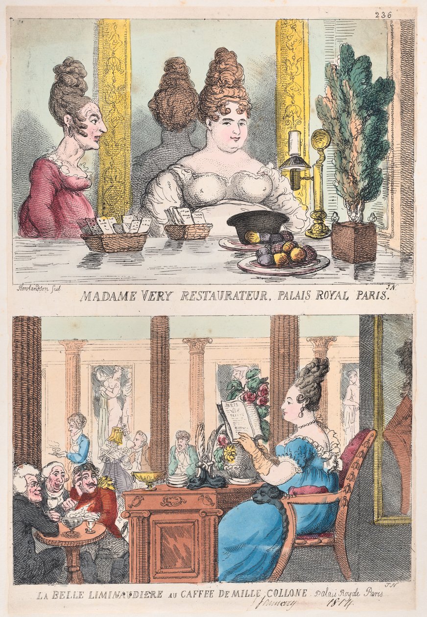 Madame Very Restauranteur, Palais Royal Paris og La Belle Liminaudiere på Caffee De Mille..., 1814. av Thomas Rowlandson