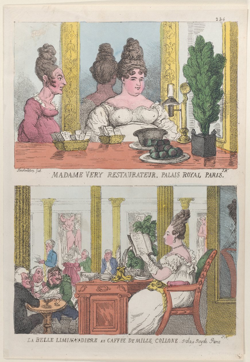 Madame Very Restauranteur, Palais Royal Paris og La Belle Liminaudiere på Caffee De Mille..., 1814. av Thomas Rowlandson