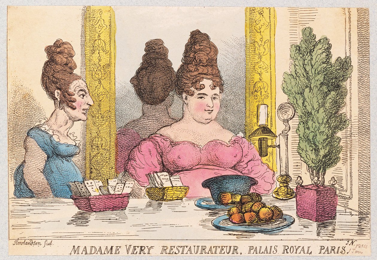 Madame Very, Restauratør, Palais Royal, Paris, pub. 1814 (håndfarget gravering) av Thomas Rowlandson