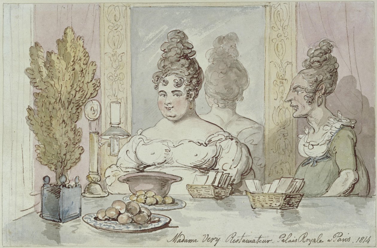 Madame Véry, restaurantinnehaver. Palais Royal i Paris av Thomas Rowlandson