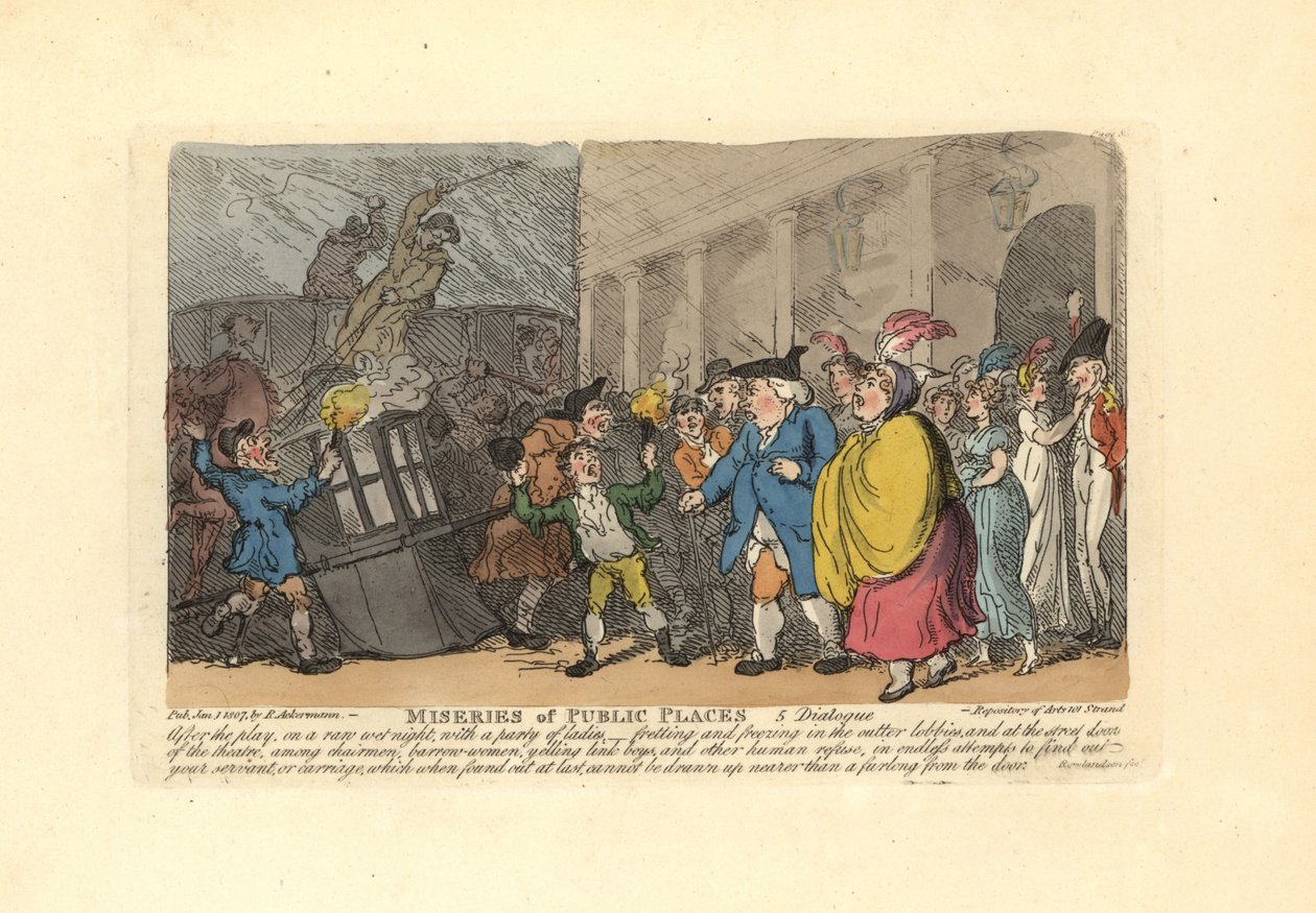 Mann og damer søker etter en vogn i en folkemengde i regnet. av Thomas Rowlandson