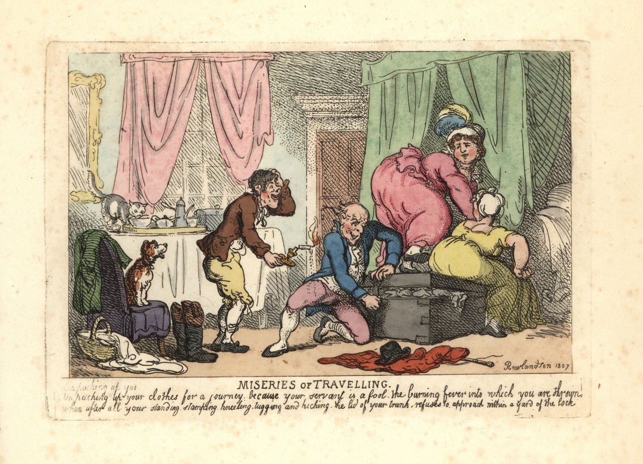 Mann og to kvinner klarer ikke å lukke en pakket bagasjerom. av Thomas Rowlandson