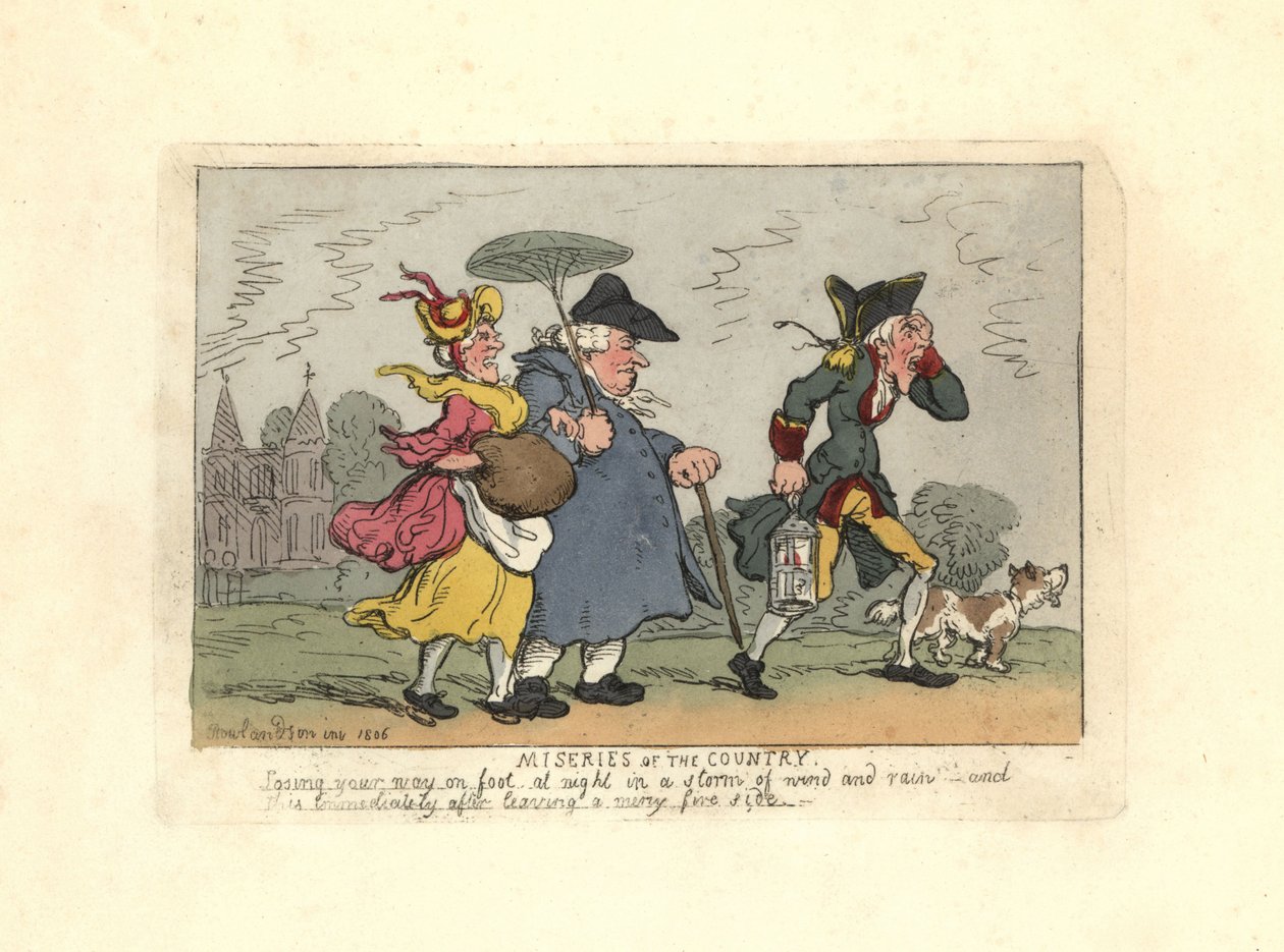Mann og kvinne tapte på landsbygda i en nattstorm. av Thomas Rowlandson