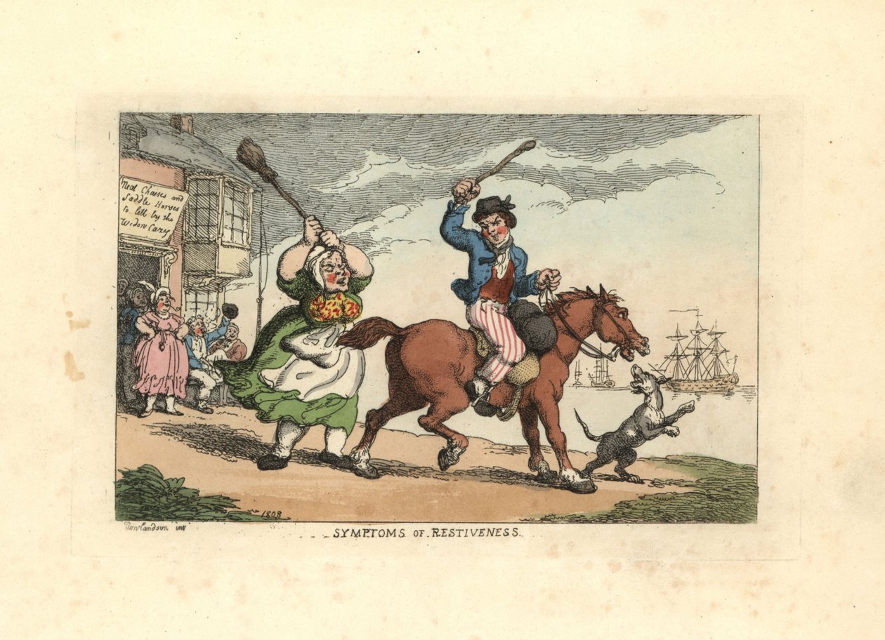 Mann som slår en sta hest med en kos, mens eieren Wido av Thomas Rowlandson