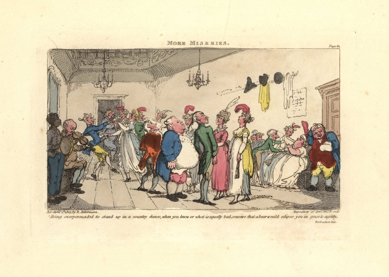 Mann flau over å bli tvunget til å danse på en countrydans. av Thomas Rowlandson