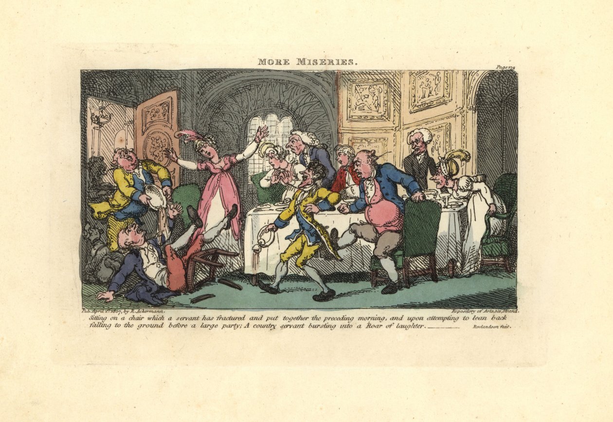 Mann faller av en ødelagt stol på et middagsselskap. av Thomas Rowlandson