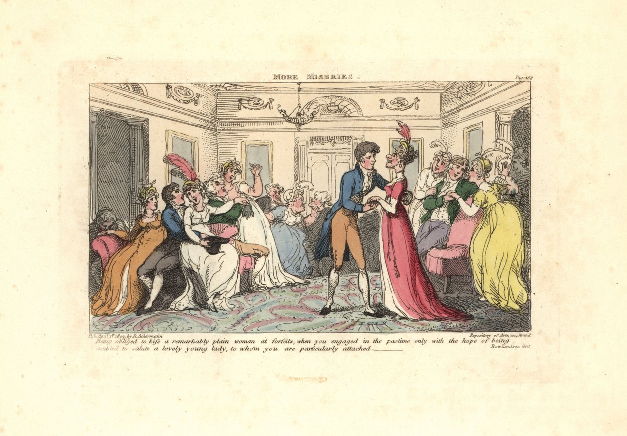 Mann tvunget til å kysse en stygg kvinne på en dansefest. av Thomas Rowlandson