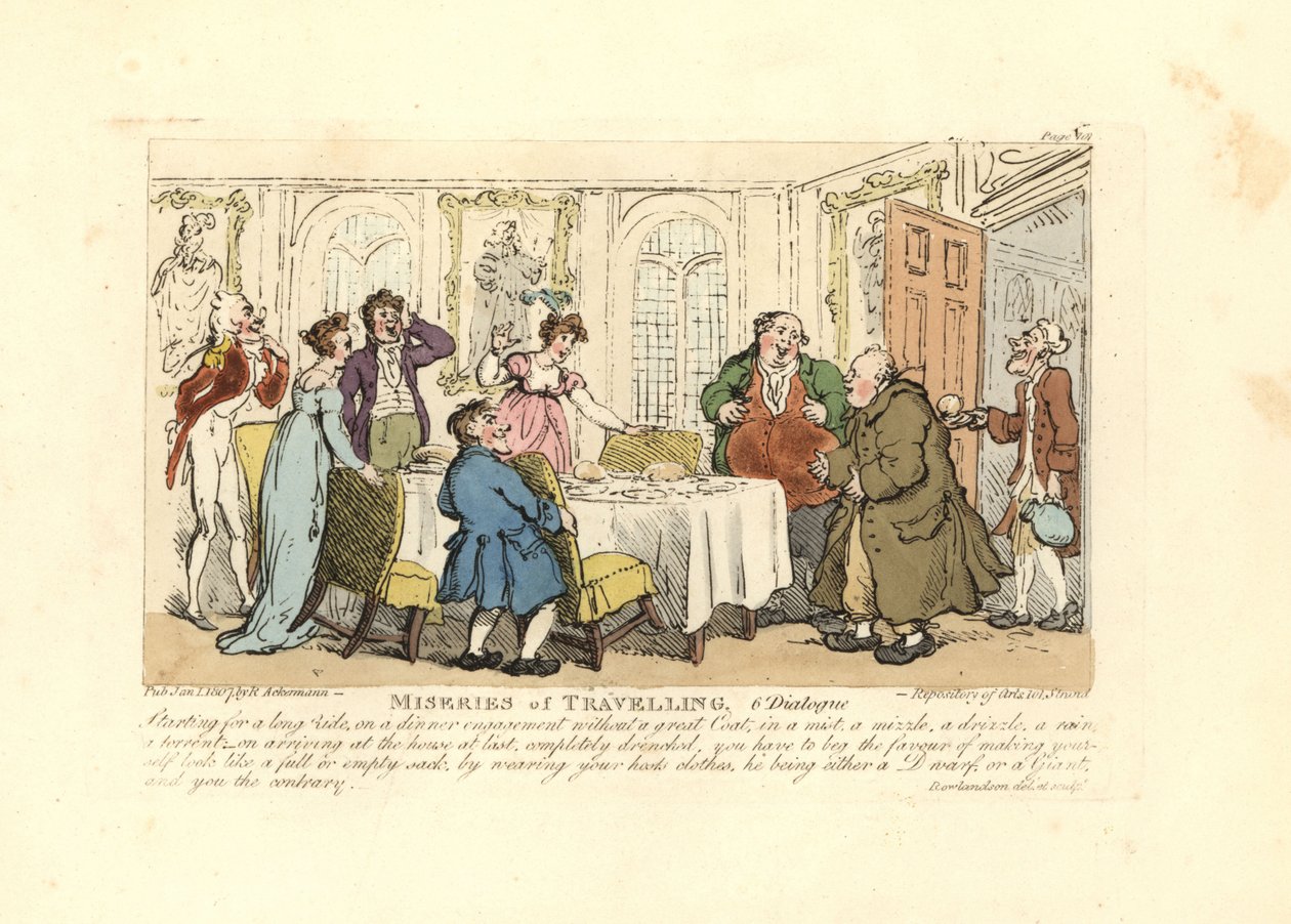 Mann tvunget til å ha på seg vertens dårlige klær på en middag av Thomas Rowlandson