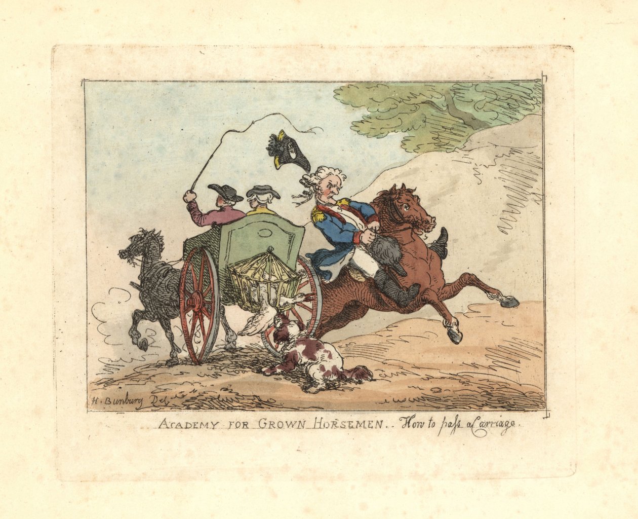 Mann mister kontrollen over festet sitt mens han passerer en vogn. av Thomas Rowlandson