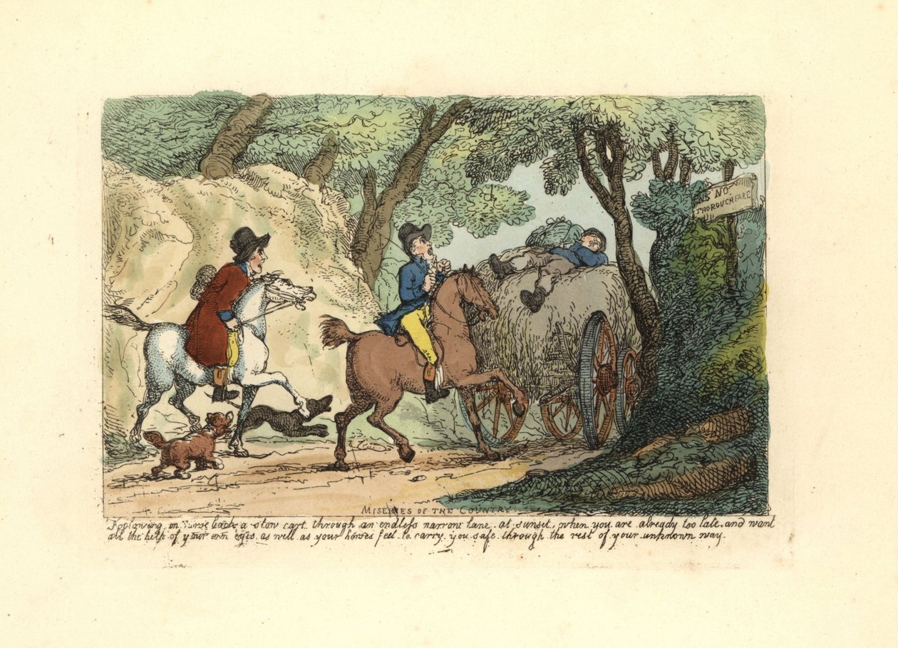 Mann på hesteryggen bak en saktegående vogn på en smal kjørebane. av Thomas Rowlandson