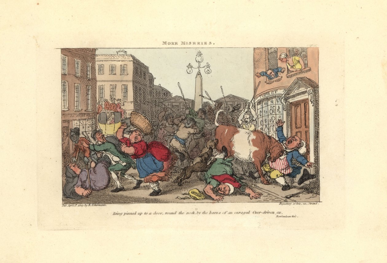 Mann festet til en dør med hornene til en rasende okse. av Thomas Rowlandson
