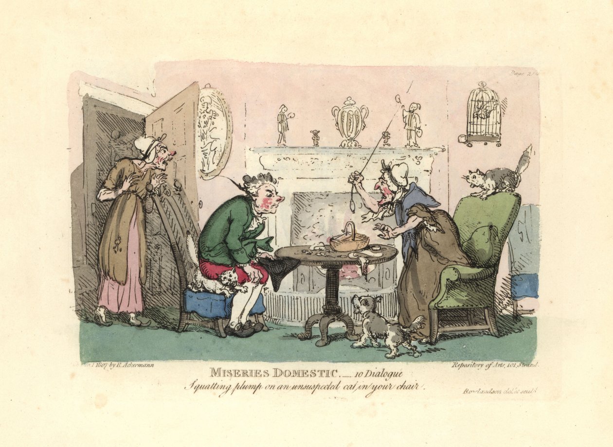 Mann som setter seg ned på en forskrekket katt i stolen. av Thomas Rowlandson