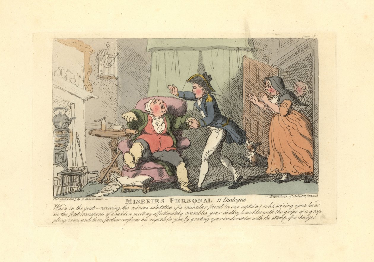 En mann som lider av gikt, ble smertelig hilst på av en sjømann. av Thomas Rowlandson