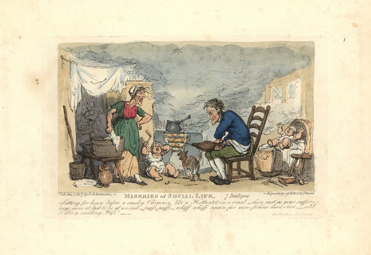 Mann som bruker belg foran et bål i et røykfylt rom. av Thomas Rowlandson