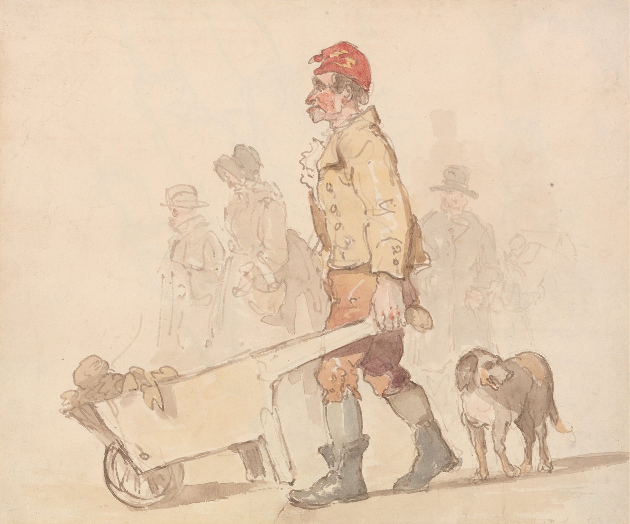 Mann med trillebår og hund av Thomas Rowlandson