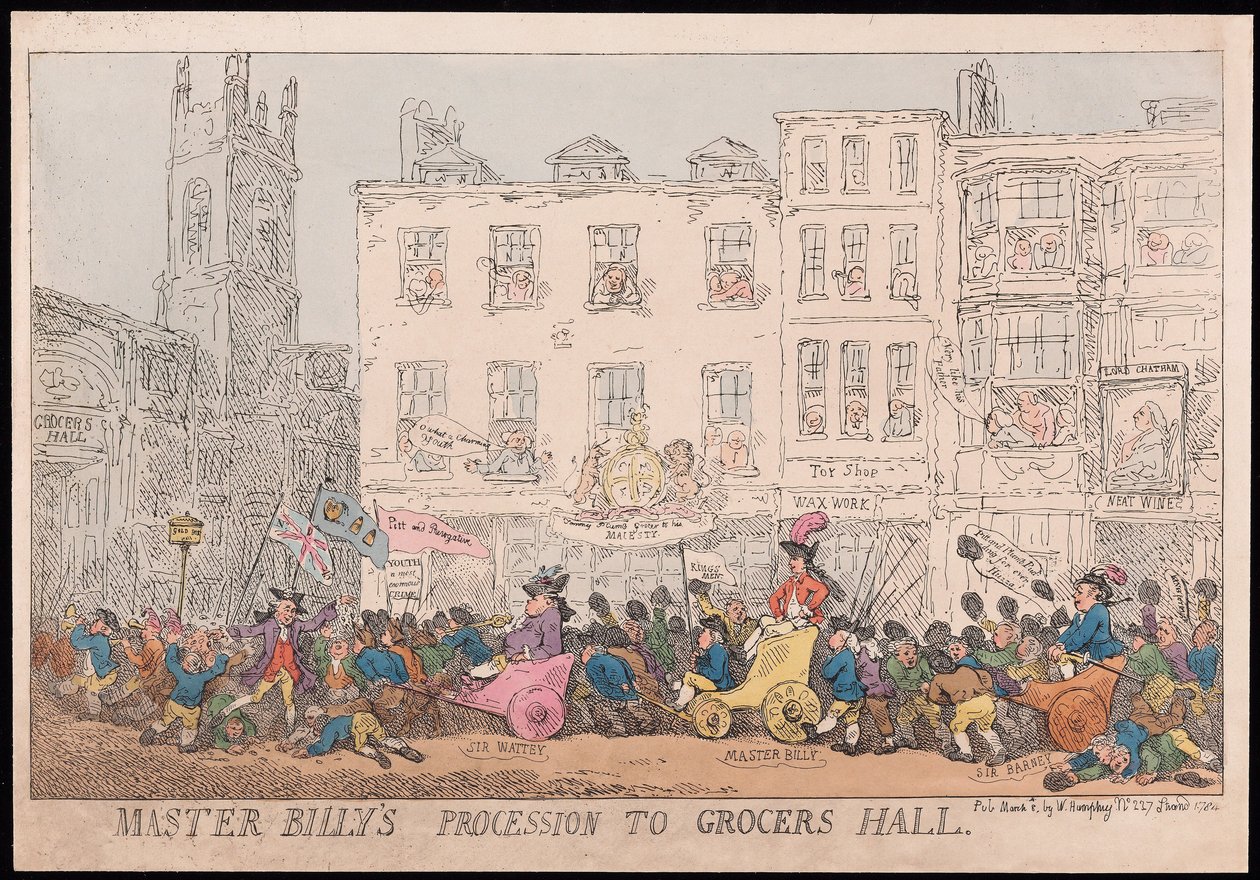 Master Billys prosesjon til Grocers Hall, pub. 1784 (håndfarget gravering) av Thomas Rowlandson