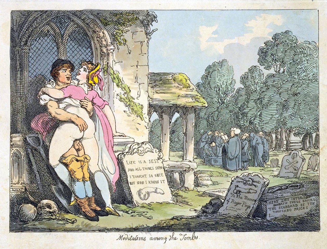 Meditasjoner blant gravene (farge litho) av Thomas Rowlandson