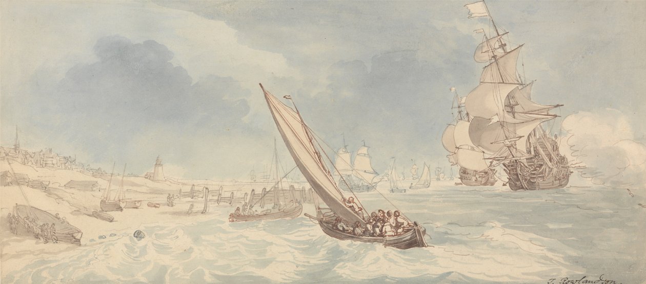 Krigsskip og seilbåter nær kysten av Thomas Rowlandson