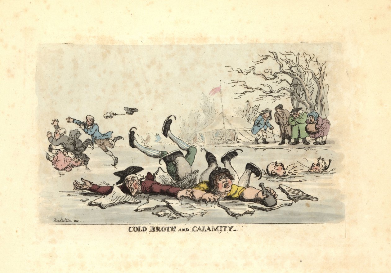Menn og kvinner skøyter på tynn is og faller ned i en iskald ri av Thomas Rowlandson