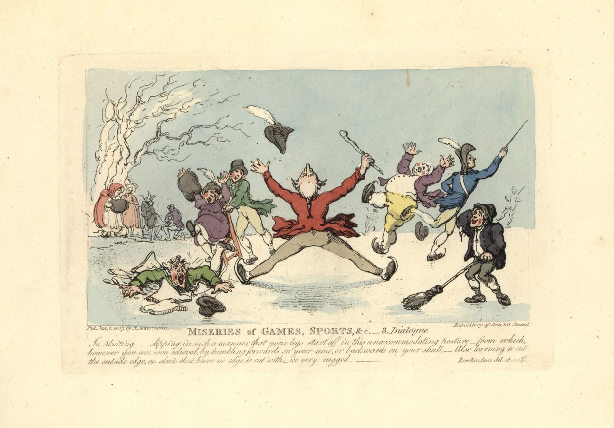Menn som faller på skøyter, en annen faller gjennom isen osv. av Thomas Rowlandson