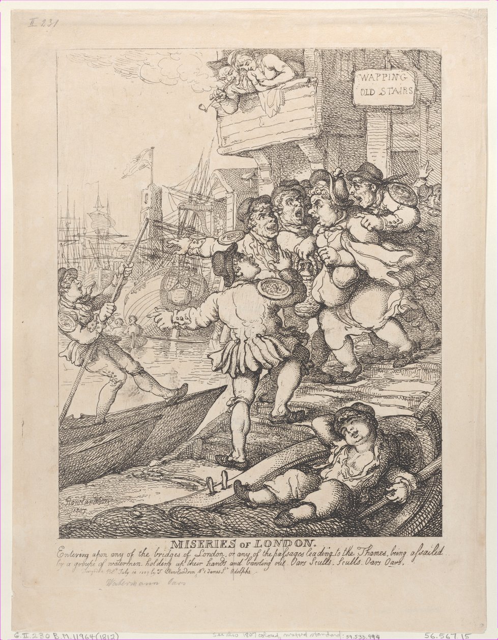 Miseries of London: Går inn på noen av broene i London eller et hvilket som helst pass..., 14. juli 1807. av Thomas Rowlandson