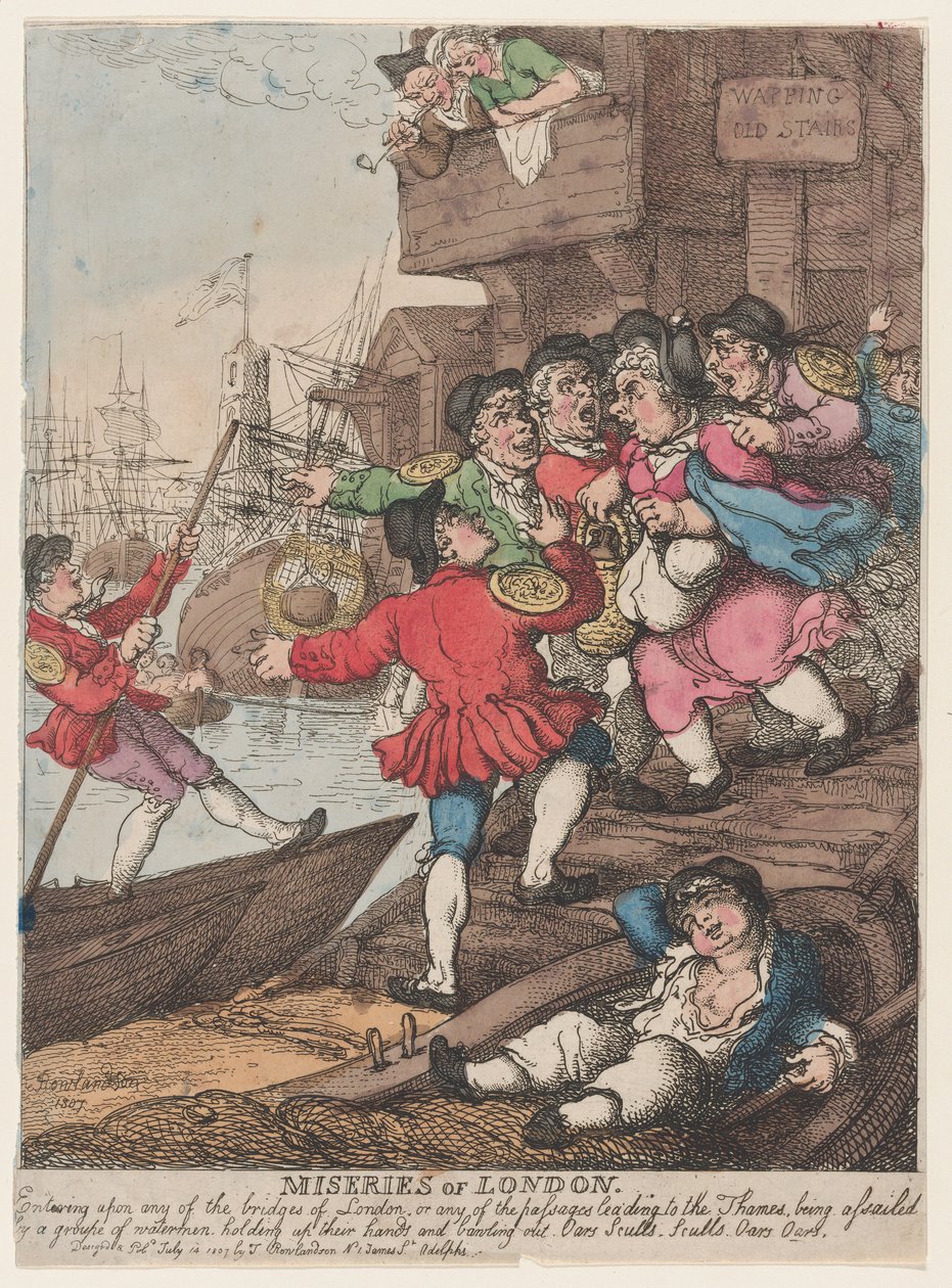 Miseries of London: Går inn på noen av broene i London eller et hvilket som helst pass..., 14. juli 1807. av Thomas Rowlandson