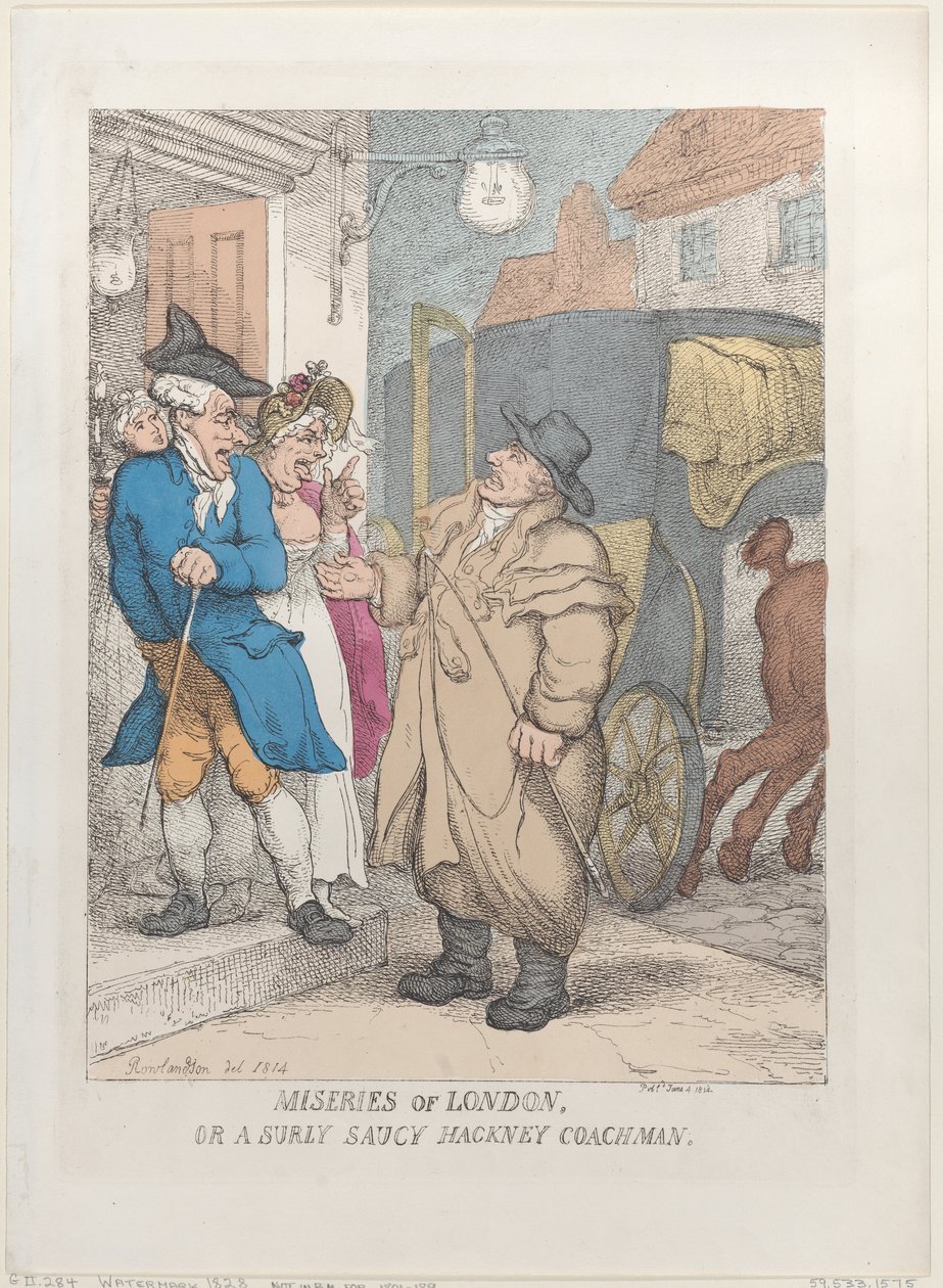 Londons elendigheter, eller en sur og frekk drosjesjåfør fra Hackney av Thomas Rowlandson