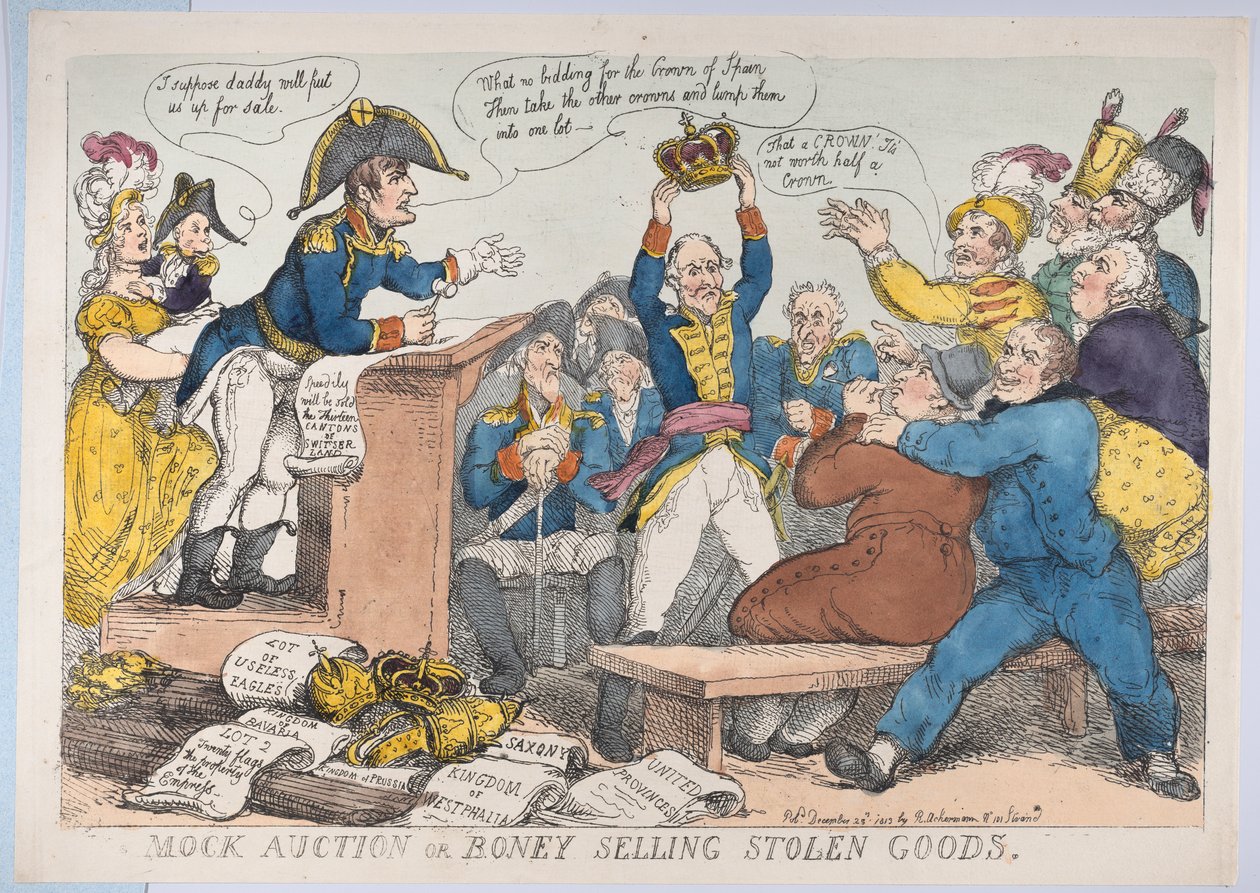 Spontauksjon eller boney-selger stjålne varer, 25. desember 1813., 25. desember 1813. av Thomas Rowlandson