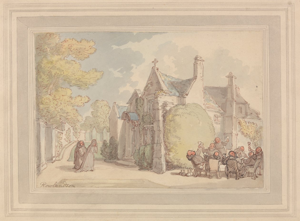 Munker karerer seg utenfor et kloster av Thomas Rowlandson