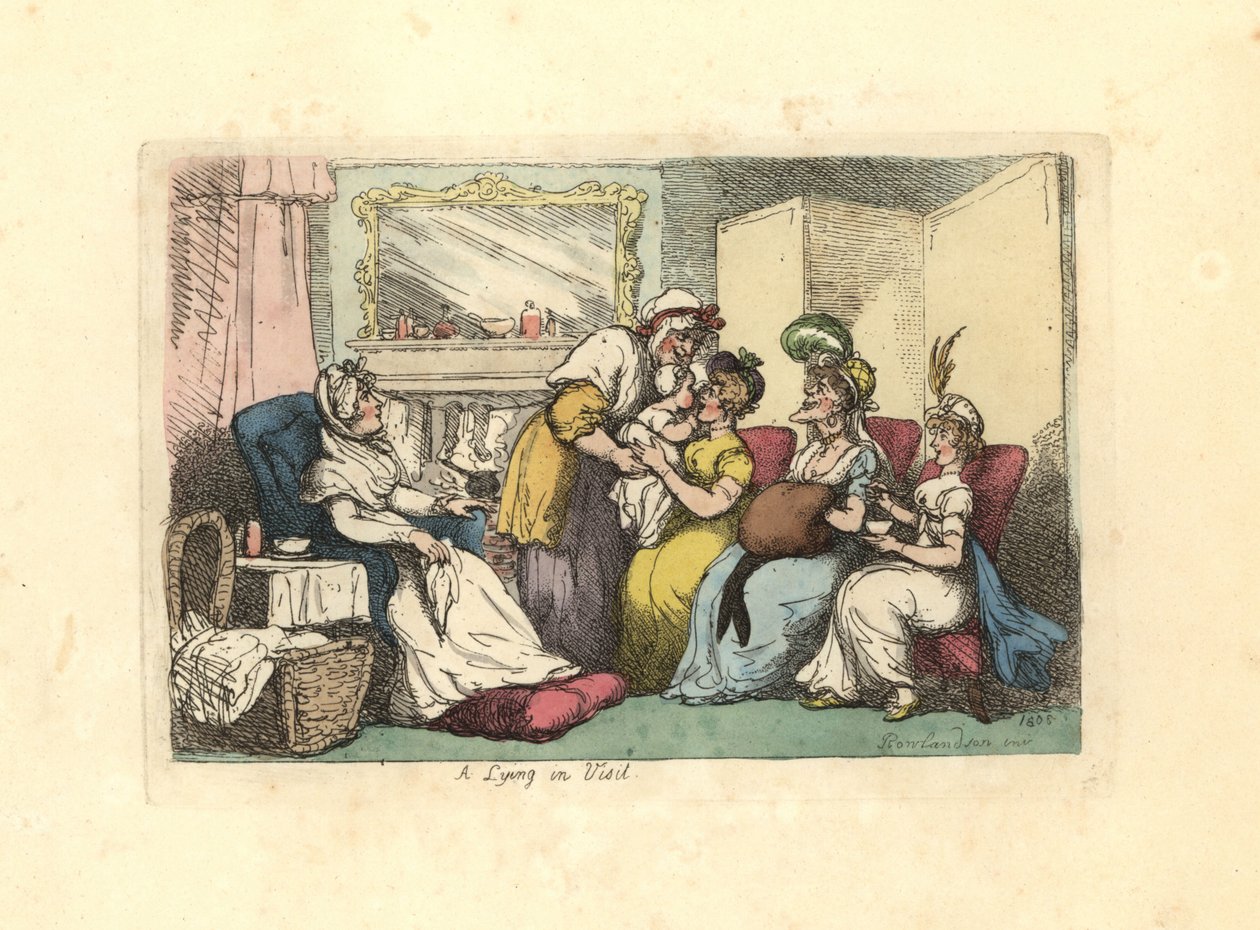 Mor med nyfødt baby besøkt av flere kvinner i en stue. av Thomas Rowlandson
