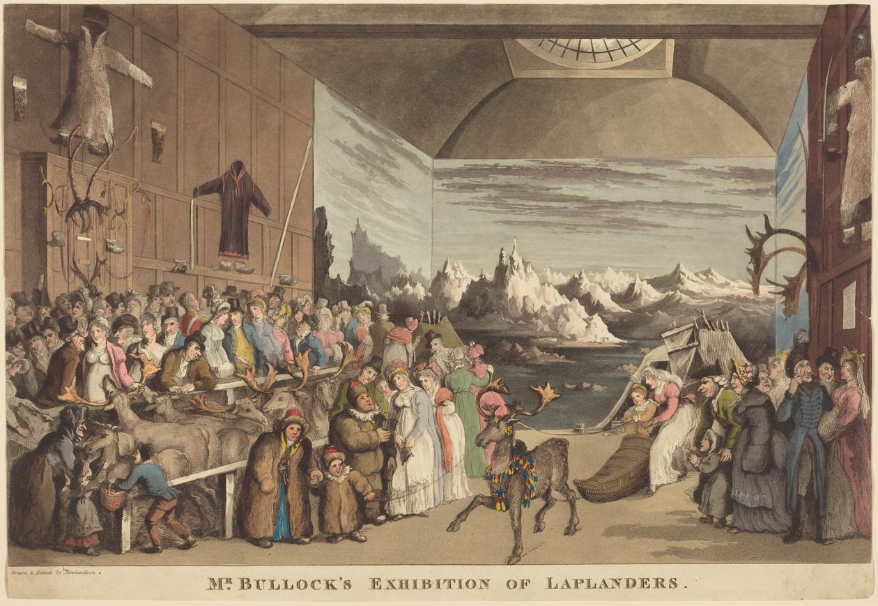 Mr. Bullocks utstilling om lappene av Thomas Rowlandson