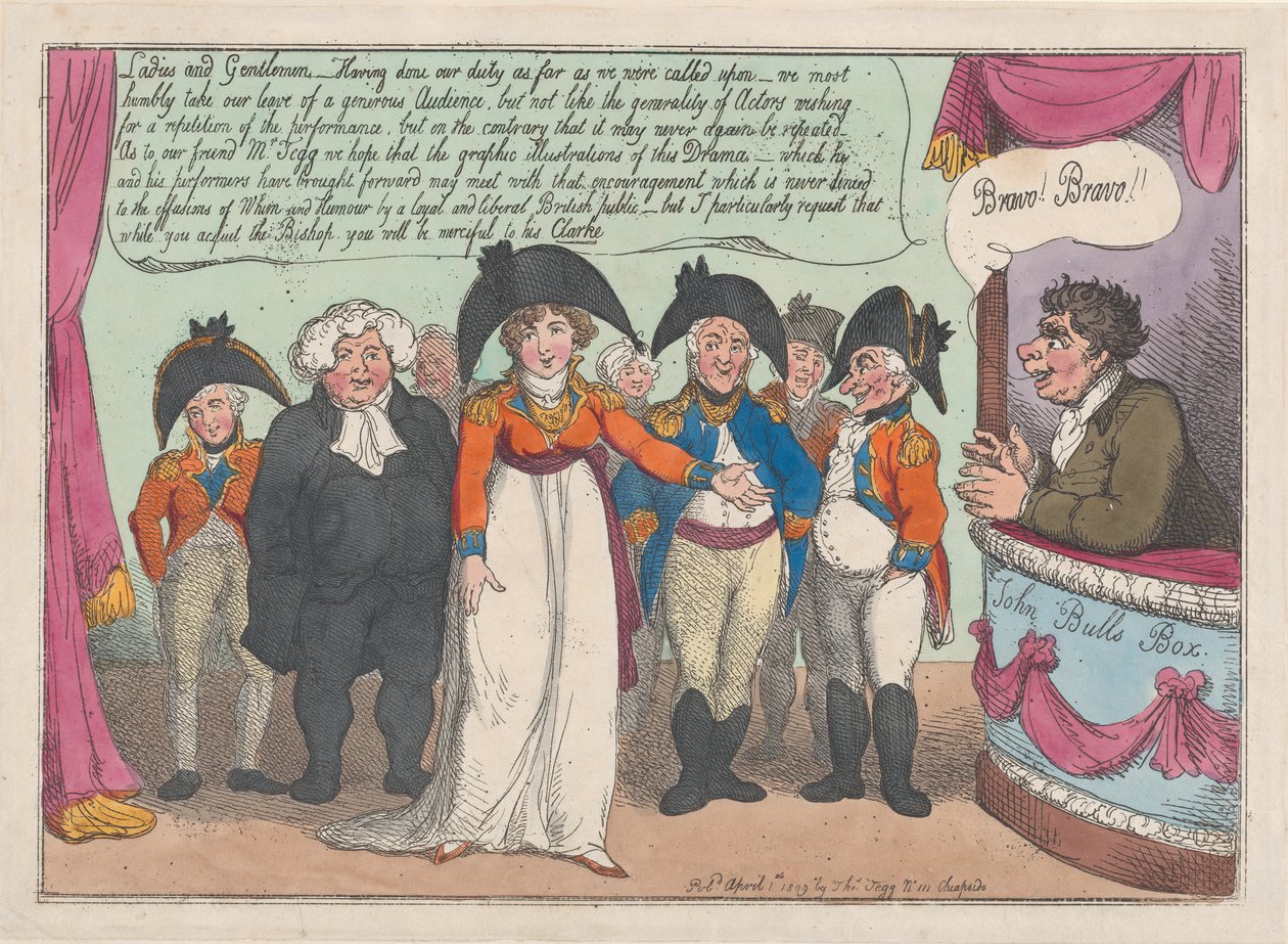 Mrs. Clarkes farvel til hennes publikum. Halestykke, 1. april 1809., 1. april 1809. av Thomas Rowlandson