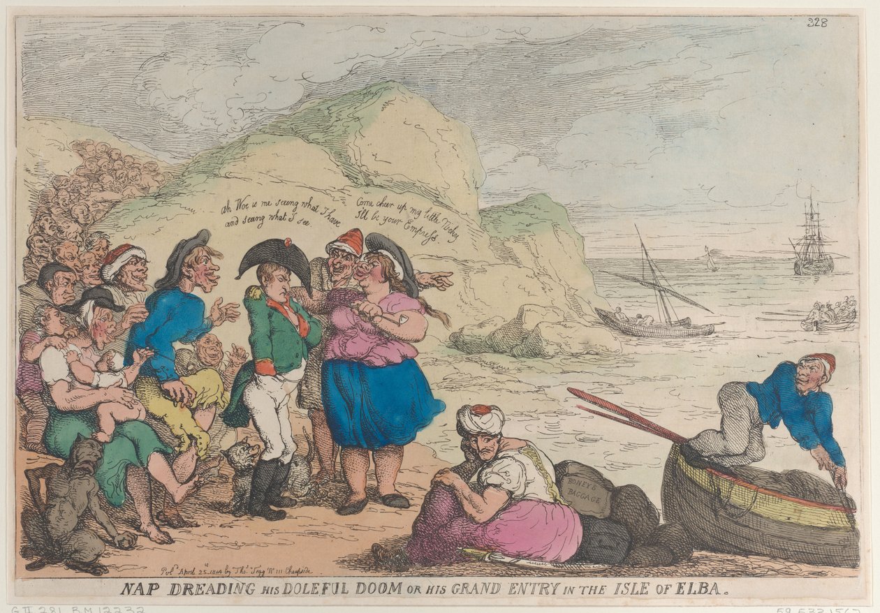 Nap Dreading His Doleful Doom or His Grand Entry in Isle of Elba, 20. april ..., 20. april 1814. av Thomas Rowlandson