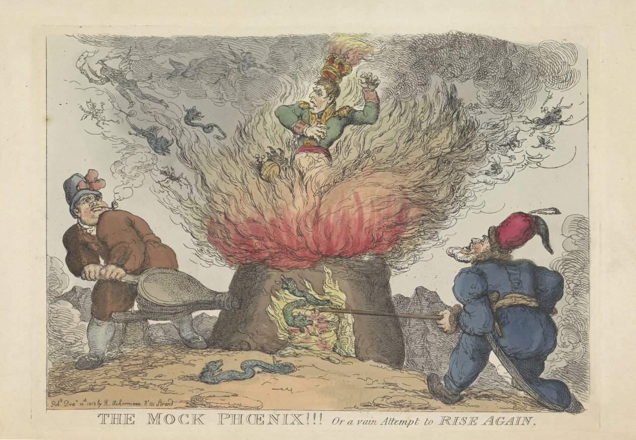 Napoleon als valse fenix, 1813 The Mock Phoenix!!! Eller et forgjeves forsøk på å reise seg igjen (tittel på objekt) av Thomas Rowlandson