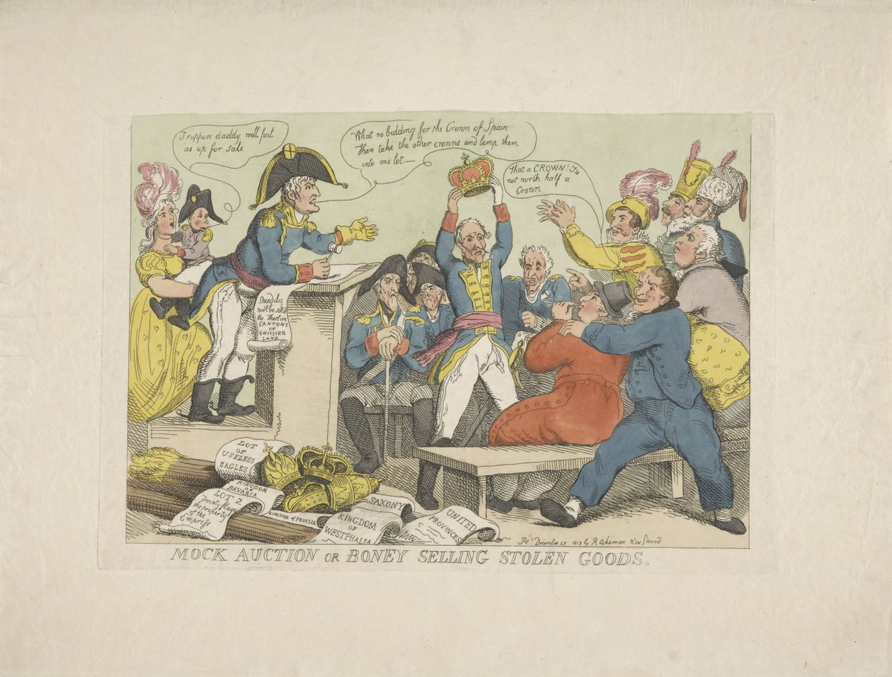 Napoleon selger stjålne varer, 1813 Spontauksjon eller Boney som selger stjålne varer (tittel på objekt) av Thomas Rowlandson