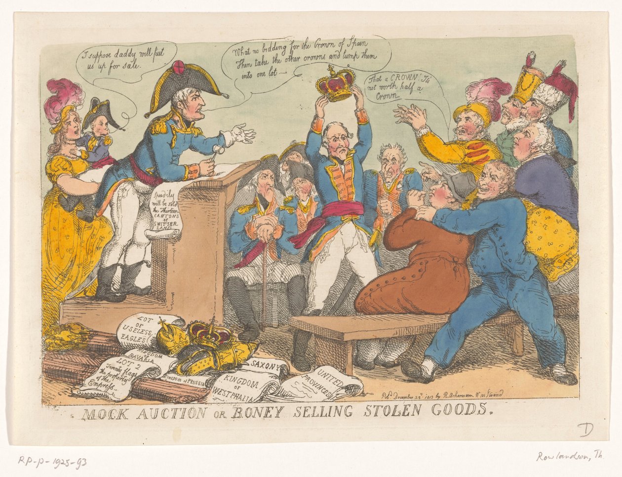 Napoleon selger stjålne varer, 1813 Spontauksjon eller Boney som selger stjålne varer (tittel på objekt) av Thomas Rowlandson