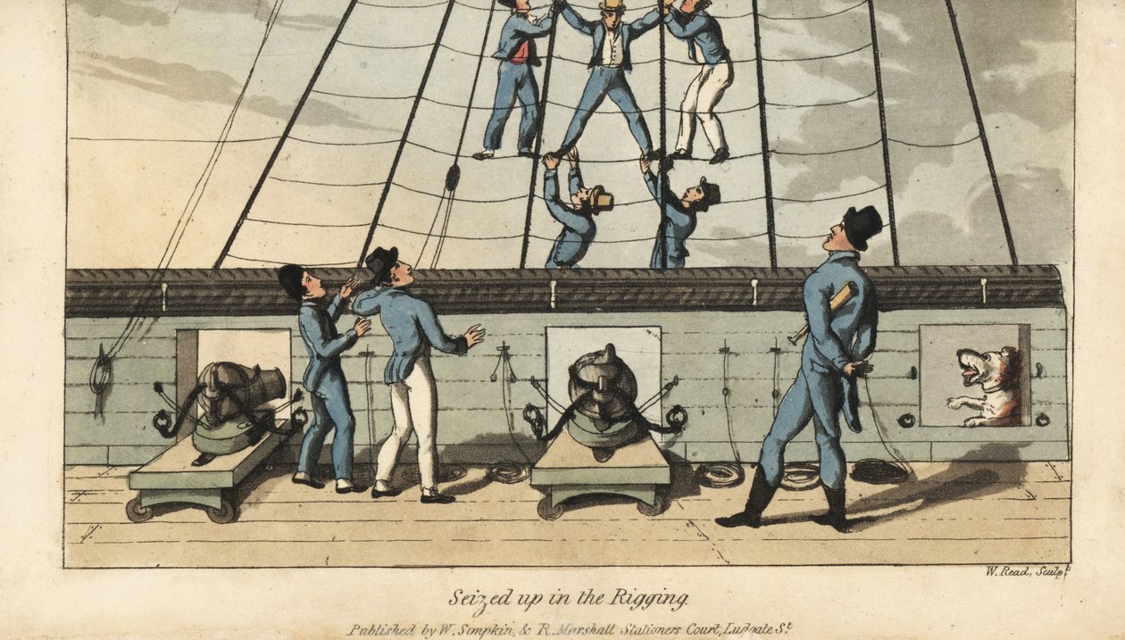 Sjøforsvarsrite: Johnny blir grepet og spredt ørnen i riggen av sine medseilere. Håndfarget kobberstikk av W. Lest etter en illustrasjon av Thomas Rowlandson fra Alfred Burtons The Adventures of Johnny Newcombe in the Navy, Simp av Thomas Rowlandson