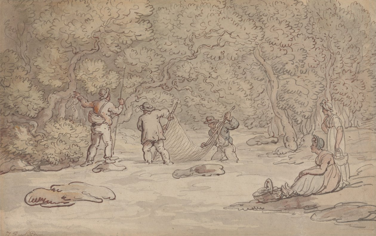Å sette opp et nett i et laksebasseng av Thomas Rowlandson