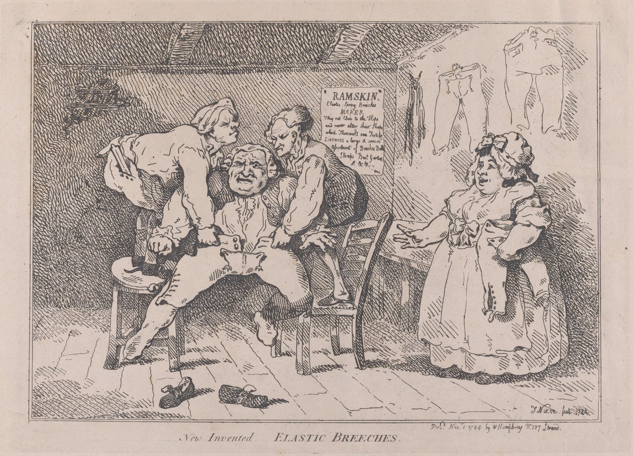 Nye oppfunnet elastiske ridebukser, 1. november 1784., 1. november 1784. av Thomas Rowlandson